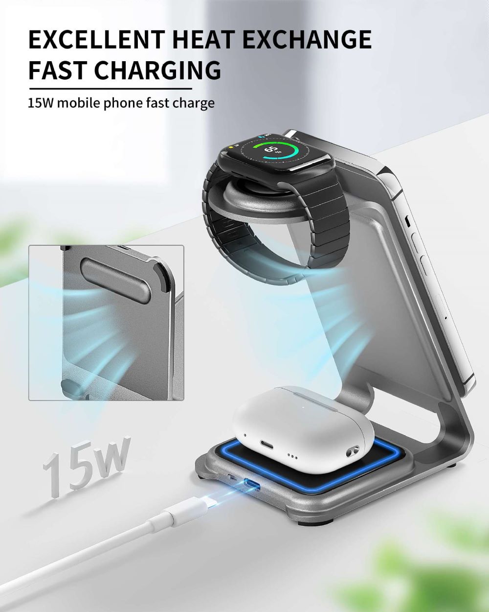 3 in 1 Aluminium Wireless Charger Dock for Iphone - Apple Watch & AirPods