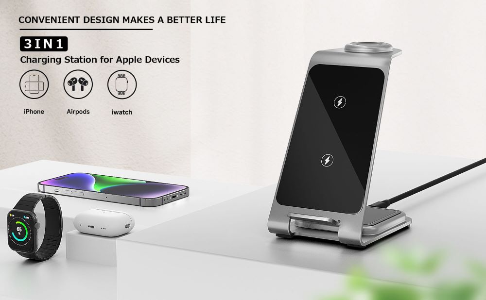 3 in 1 Aluminium Wireless Charger Dock for Iphone - Apple Watch & AirPods